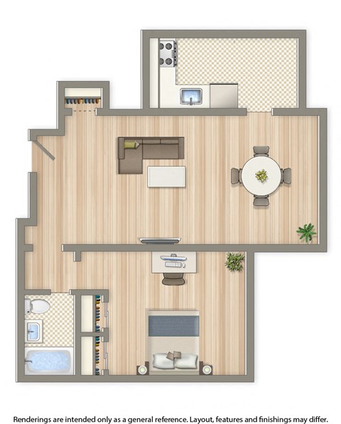 Floor plan for 1 bed, 1 bath, 616 sqft